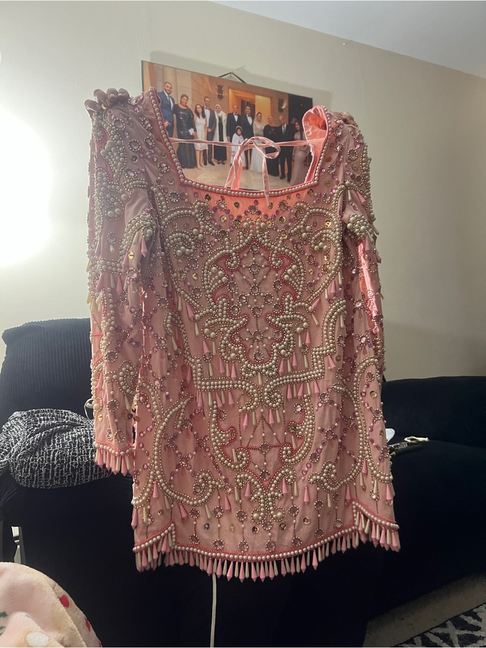 ASOS Pink Beaded Embellished Long Sleeve Shift Dress